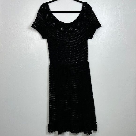 Black Open Knit Vintage Short Sleeve Scoop Neck Midi Dress Size L - Picture 1 of 7